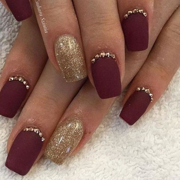 Matte Maroon Glitter Studded Press on Fake Nails // tns133