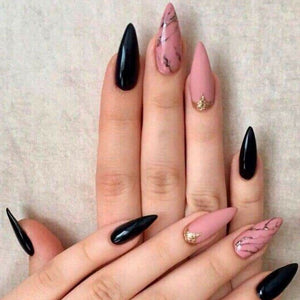 Glossy Nude Black Marble Press on Fake Artificial Nails / tns688