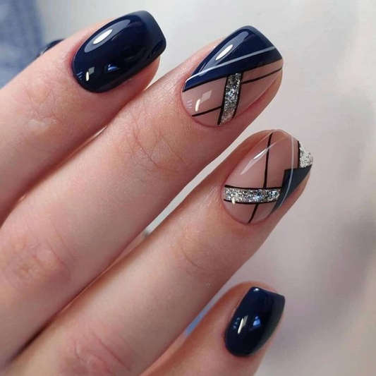 Glossy Blue Geometric Press on Fake Artificial Nails / tns586
