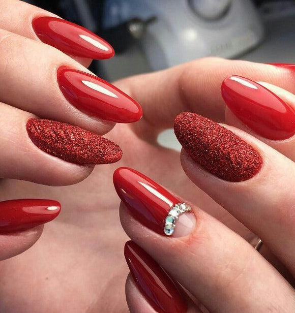 Glossy Red Glitter Press on Fake Artificial Nails / tns669