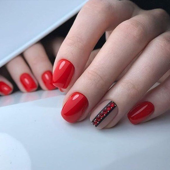 Glossy Red Studded Press on Fake Artificial Nails / tns521
