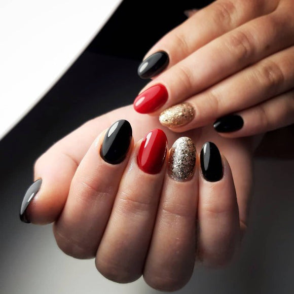 Glossy Red and Black Glitter Press on Fake Nails // tns858