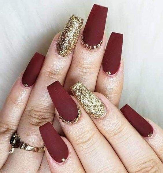 Matte Maroon Studded Glitter Press on Fake Artificial Nails / tns723