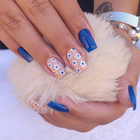 Glossy Nude and Blue Floral Press on Fake Artificial Nails / tns685