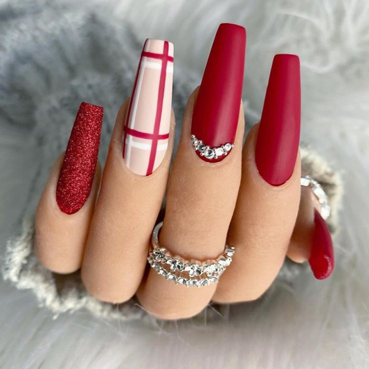 Matte Maroon Plaids Press on Fake Artificial Nails / tns581