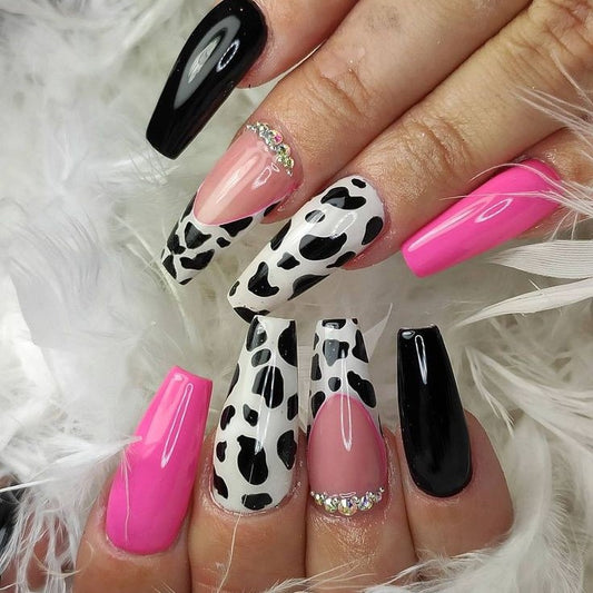 Glossy Pink and Black Animal Print Press on Fake Nails // tns834