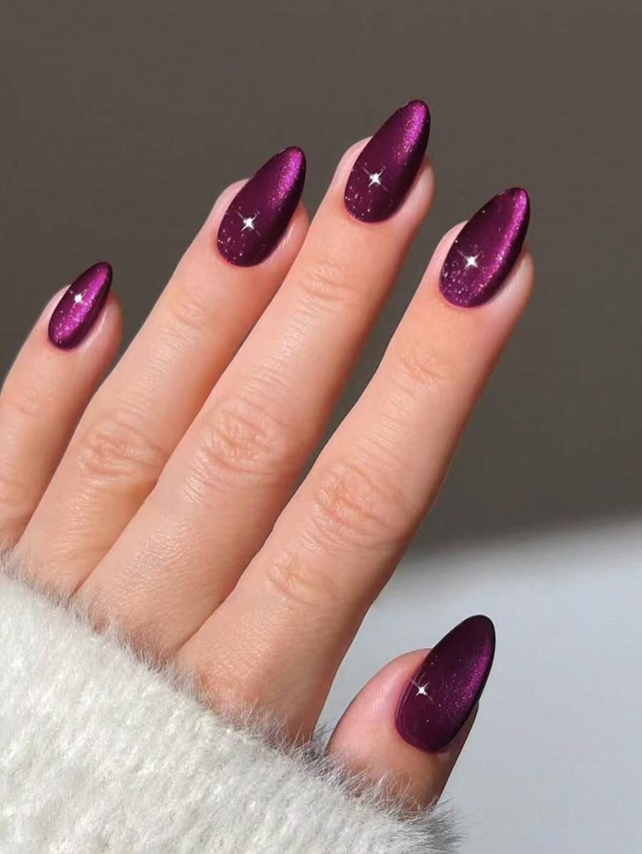 Purple Cat Eye 3D Magnetic Press On Fake Nails