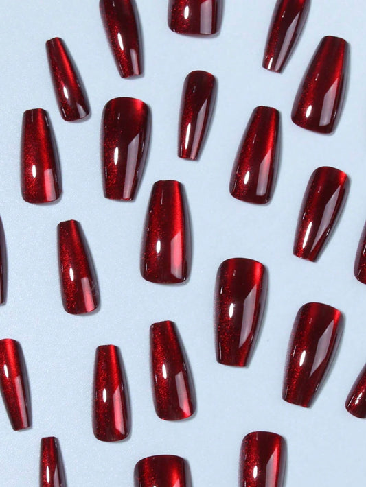 Red Cat Eye 3D Magnetic Press On Fake Nails Ballerina