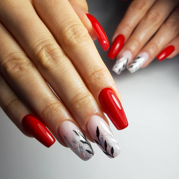 Glossy Red Floral Press on Fake Nails // tns879