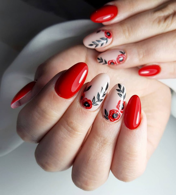 Glossy Red Floral Press on Fake Nails // tns876