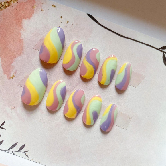 Glossy Colorful Pastel Swirls Press on Fake Nails // tns881