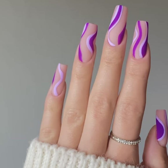 Matte Purple Swirls Press on Fake Artificial Nails / tns665