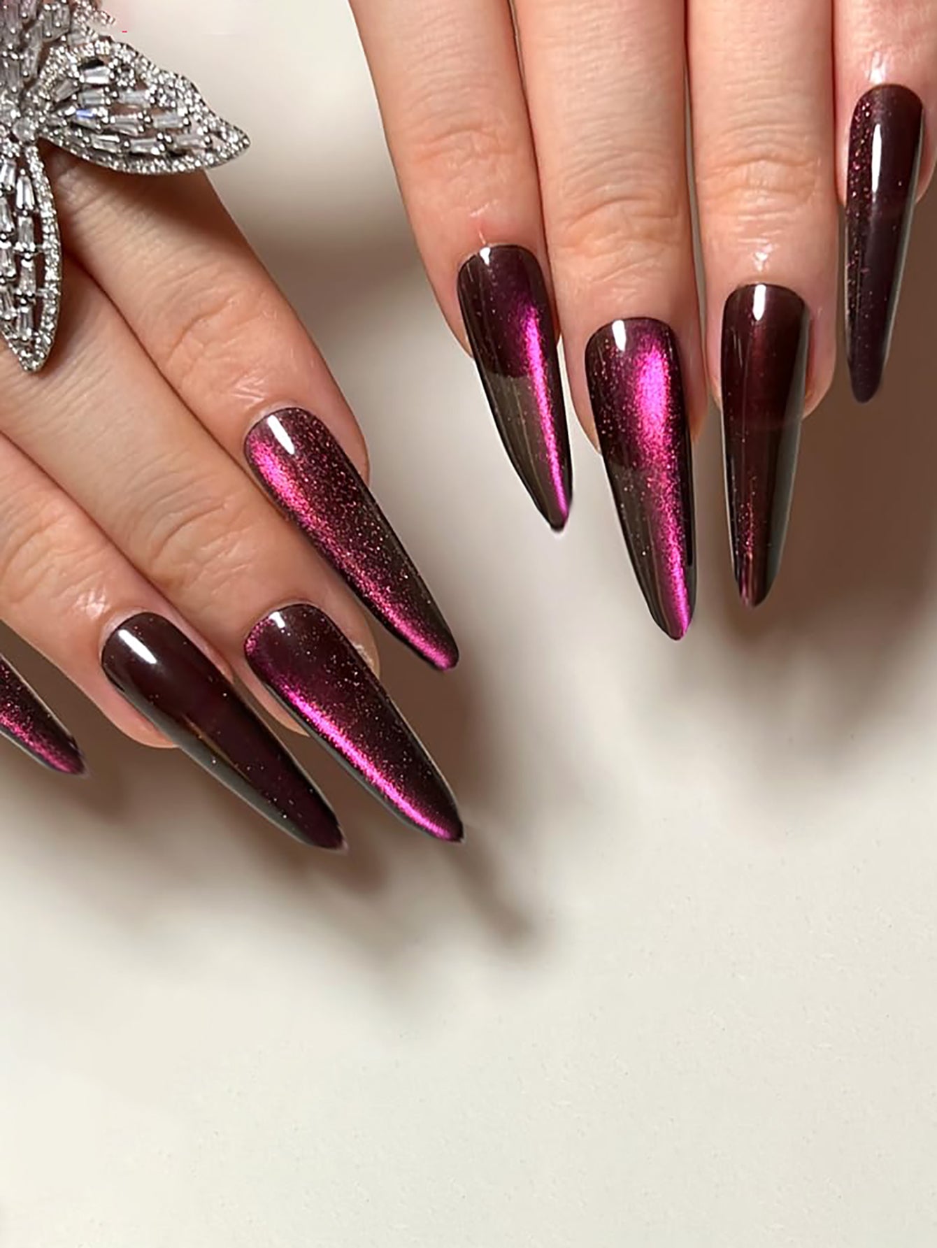 Purple Cat Eye 3D Magnetic Press-On Nails Long Stiletto-10 Nails