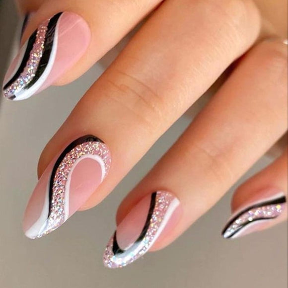 Glossy Glitter Swirls Press on Fake Artificial Nails / tns503