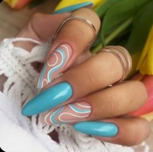 Glossy Light Blue Swirls Press on Fake Artificial Nails / tns687