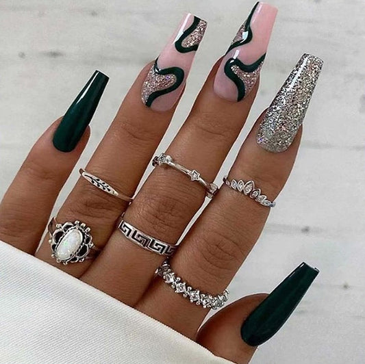 Glossy Black Glitter Swirls Press on Fake Artificial Nails / tns659