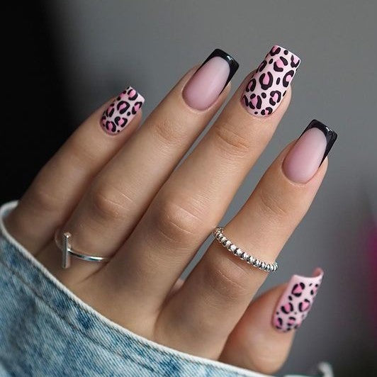 Glossy Nude French Animal Print Press on Fake Artificial Nails / tns536