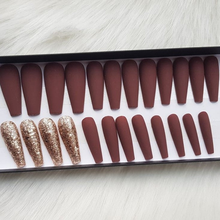 Matte Brown Glitter Press on Fake Artificial Nails / tns704