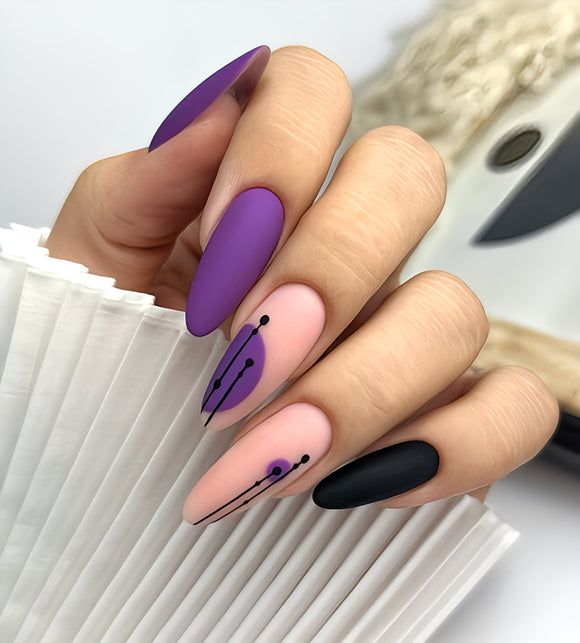 Matte Black Purple Geometric Press on Fake Nails // tns980