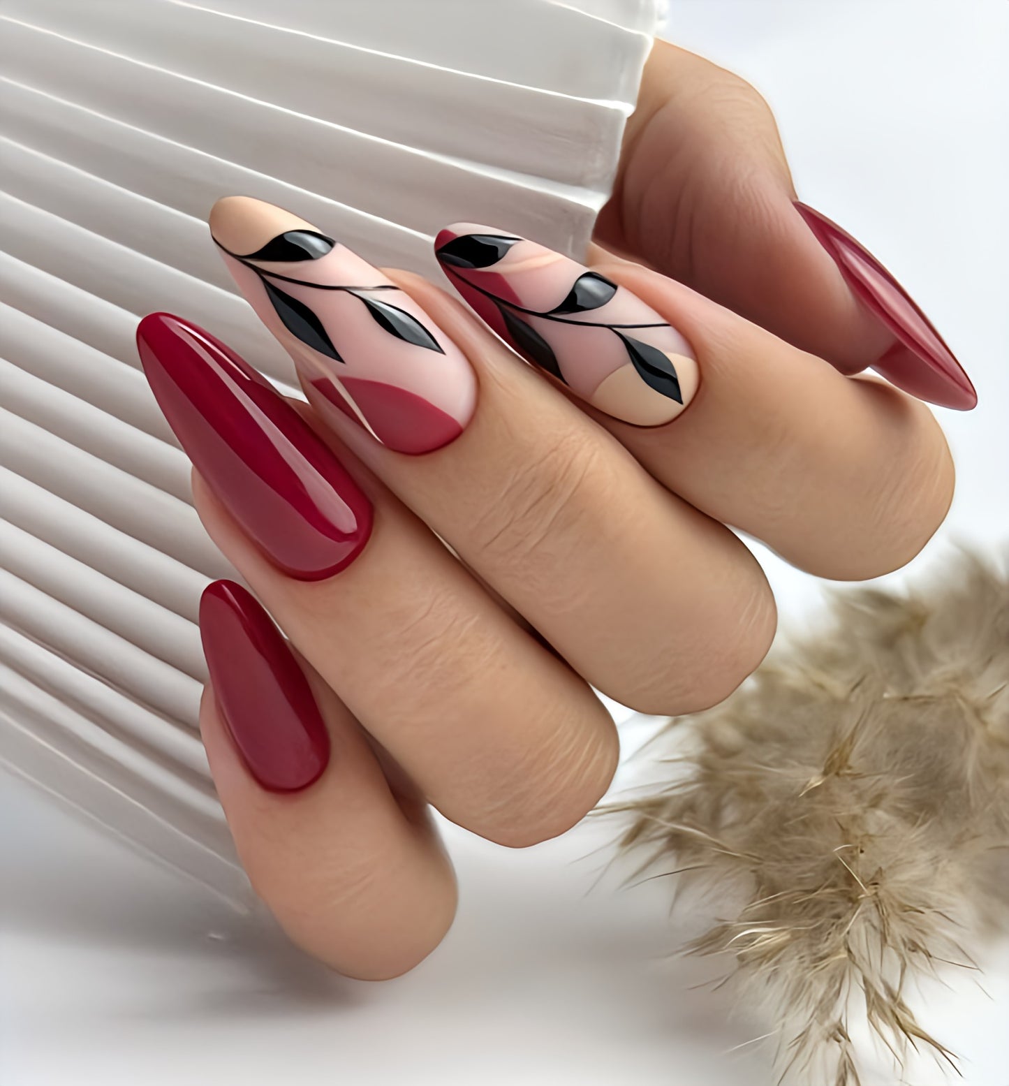 Glossy Maroon Floral Press on Fake Nails // tns979