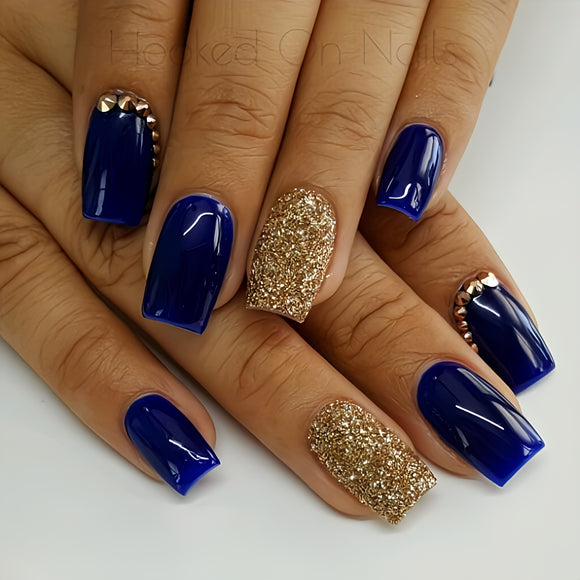 Glossy Blue Studded Glitter Press on Fake Nails // tns978