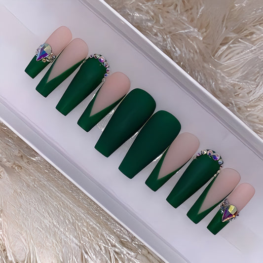 Matte Green Studded French Press on Fake Nails // tns977