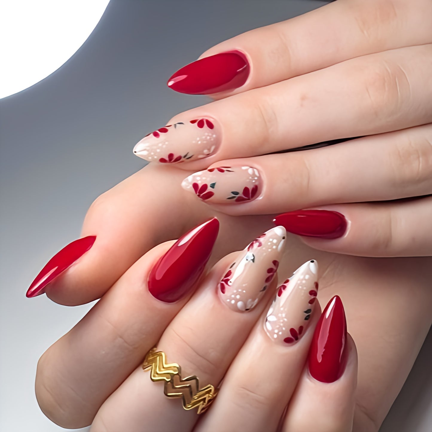 Glossy Maroon Floral Press on Fake Nails // tns976