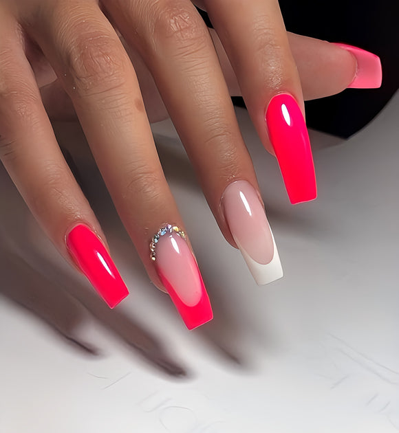 Glossy Pink French Studded Press on Fake Nails // tns975