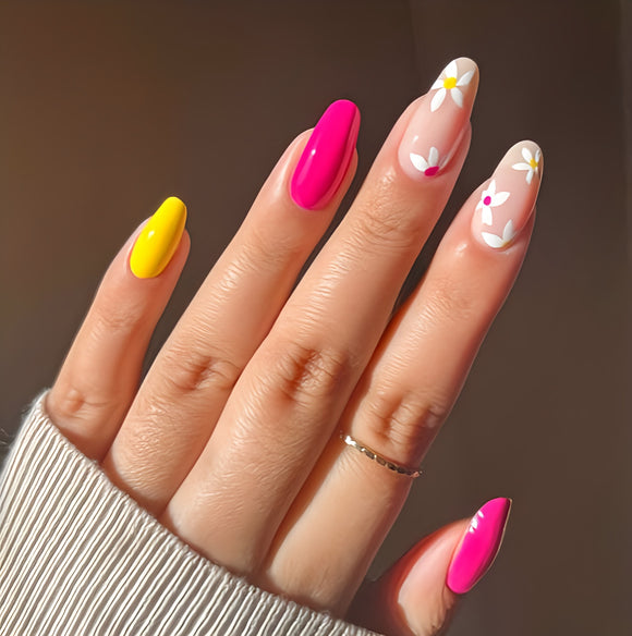 Glossy Pink and Yellow Floral Press on Fake Nails // tns974