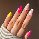 Glossy Pink and Yellow Floral Press on Fake Nails // tns974