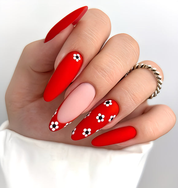 Matte Red Floral French Press on Fake Nails // tns973