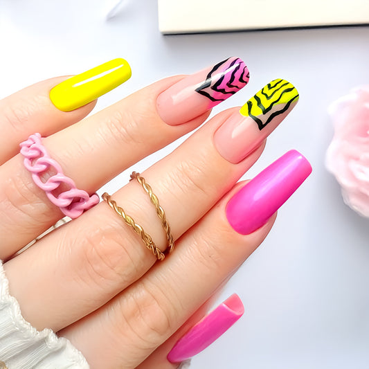 Glossy Pink and Yellow Swirls Press on Fake Nails // tns971