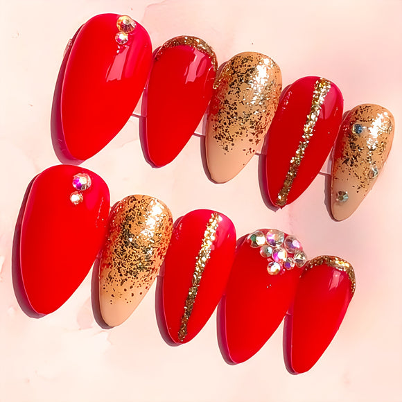 Glossy Red Glitter Studded Press on Fake Nails // tns969