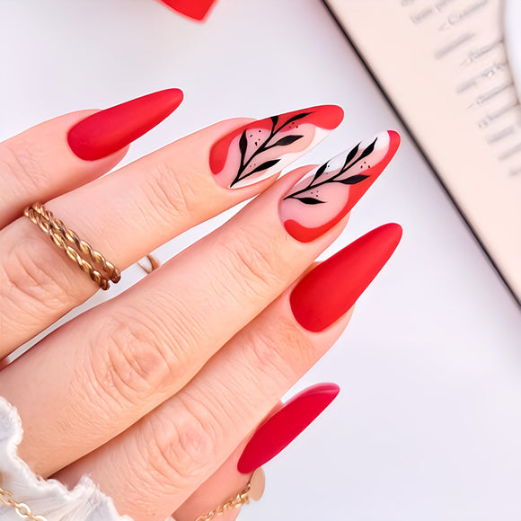 Matte Red Floral Press on Fake Nails // tns966