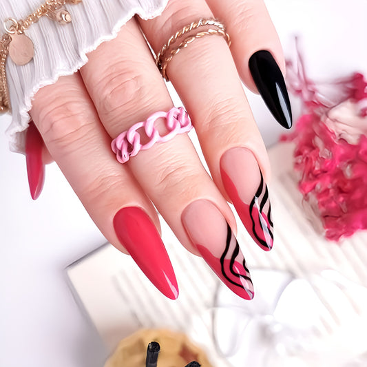 Glossy Pink and Black Swirls Press on Fake Nails // tns963