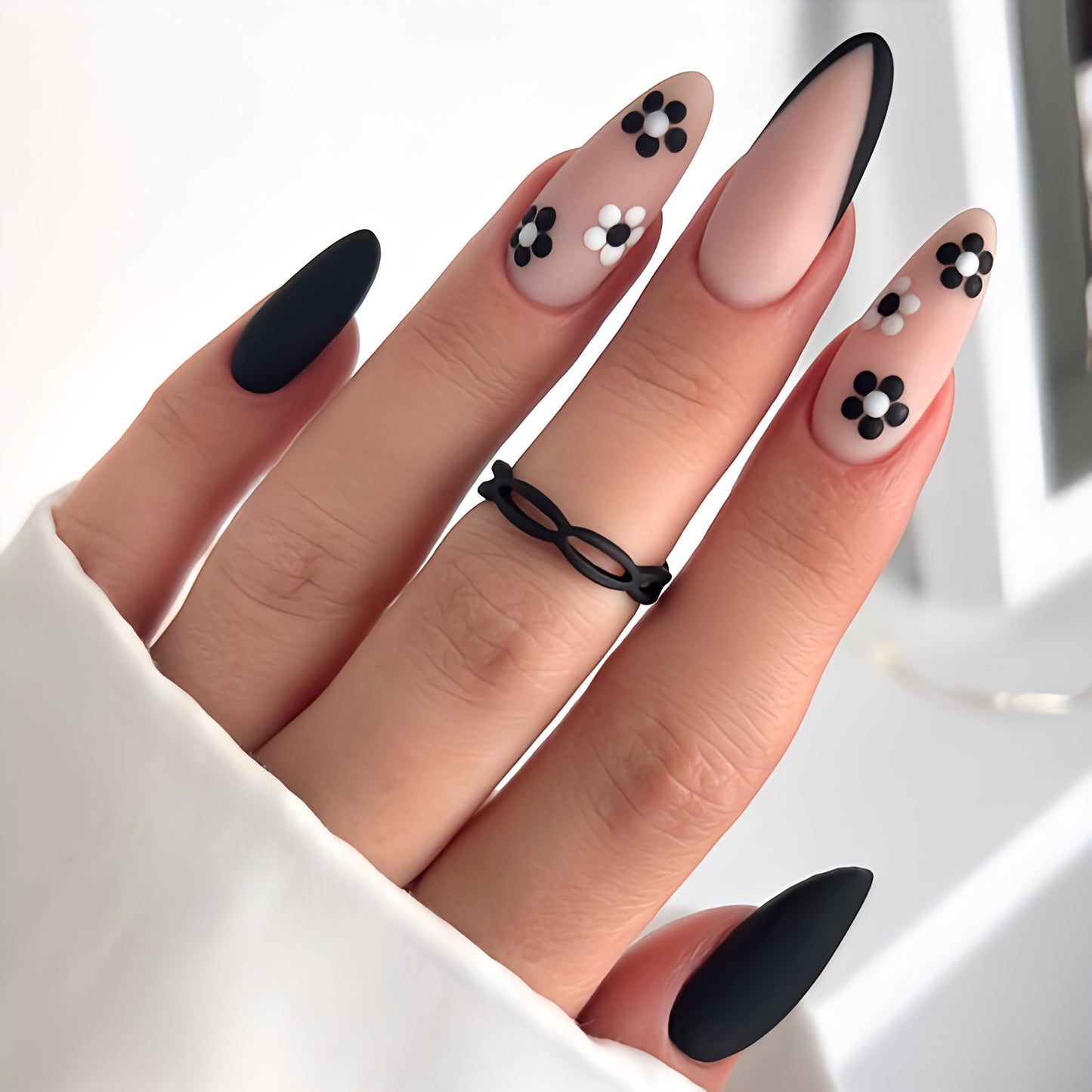 Matte Black French Floral  Press on Fake Nails // tns962