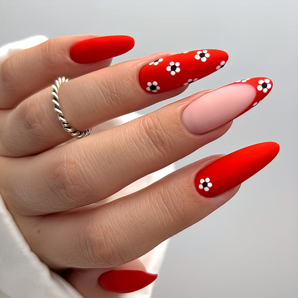 Matte Red French Floral Press on Fake Nails // tns961