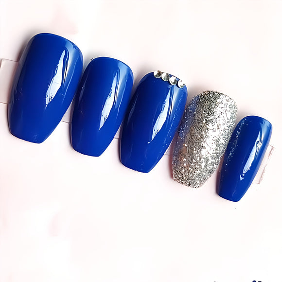Glossy Blue Studded Glitter Press on Fake Nails // tns958
