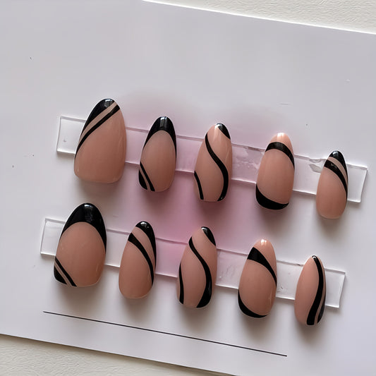 Glossy Black Swirls Press on Fake Nails // tns952