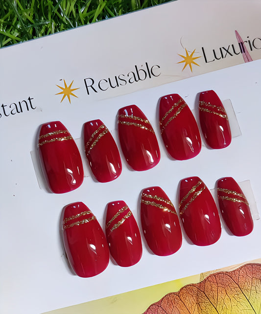 Glossy Red Glitter Swirls Press on Fake Nails // tns947