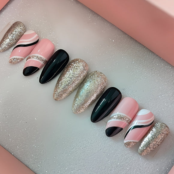 Glossy Black and Pink Swirls Press on Fake Nails // tns946