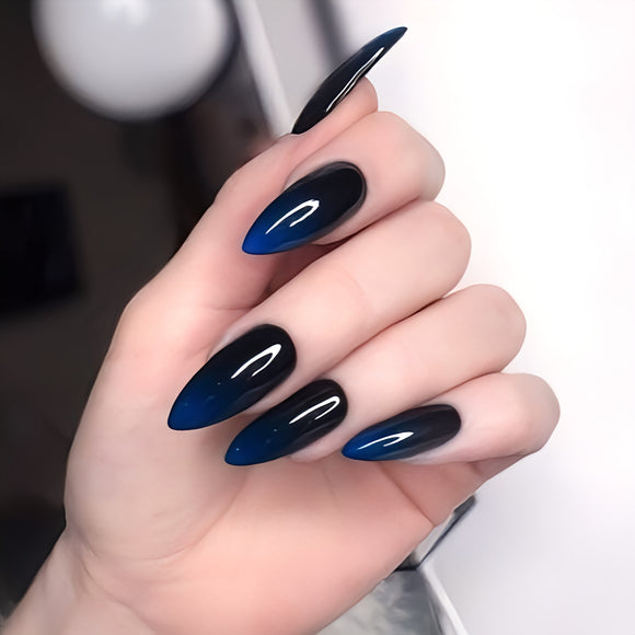 Glossy Blue and Black Ombre Press on Fake Nails // tns934