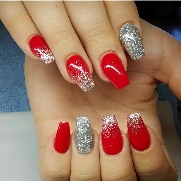 Glossy Red Glitter Ombre Press on Fake Nails // tns932