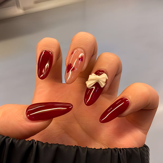 Glossy Maroon Hearts 3D Bow Press on Fake Nails // tns929