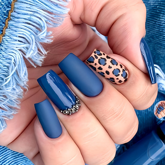 Matte Dark Blue Animal Print Press on Fake Nails // tns925