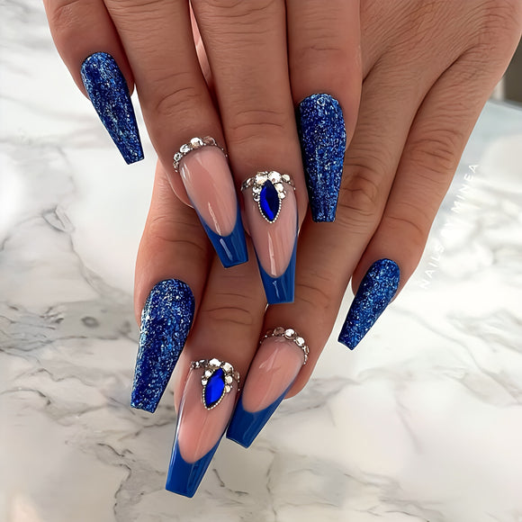 Glossy Blue Studded French Press on Fake Nails // tns924