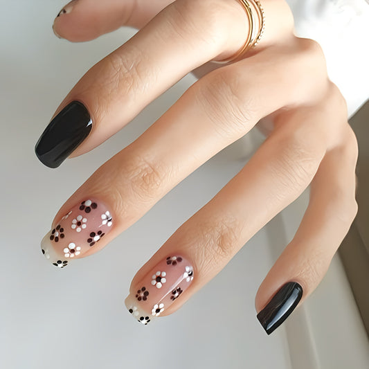 Glossy Black Floral Press on Fake Nails // tns922