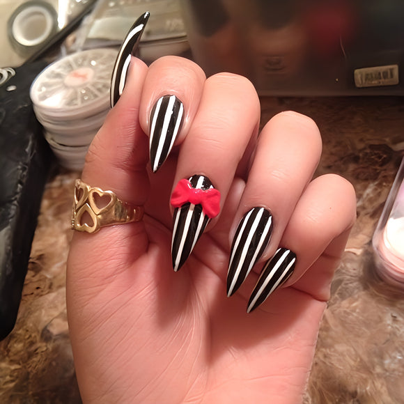 Glossy Black and White 3D Bow Press on Fake Nails // tns915
