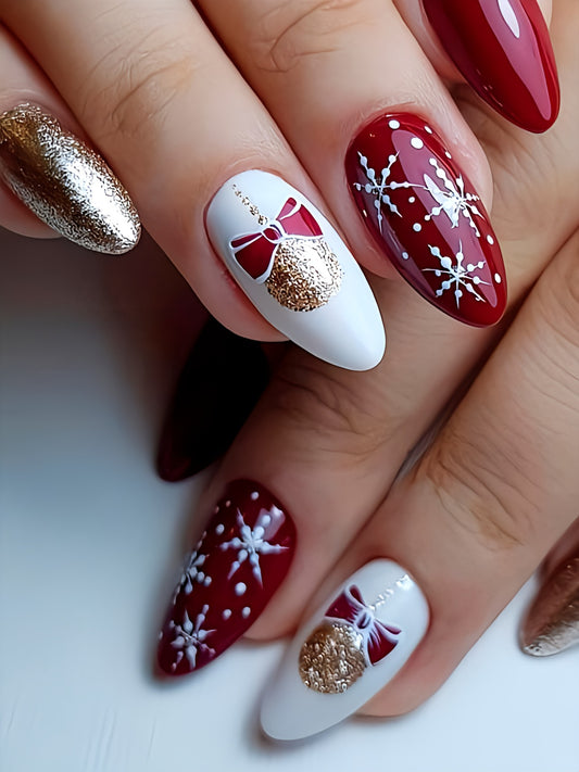 Glossy Maroon Snowflakes Press on Fake Nails // tns914