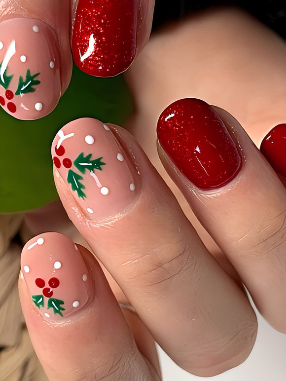 Glossy Red Cherried Press on Fake Nails // tns912